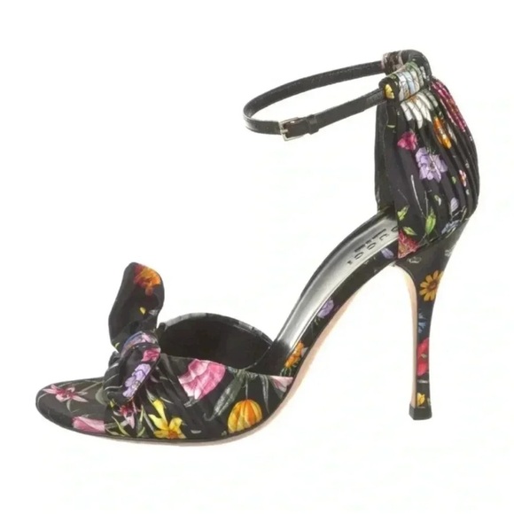 Gucci Black Floral Print Satin Bow Ankle Strap Sandals Heels - Picture 1 of 5